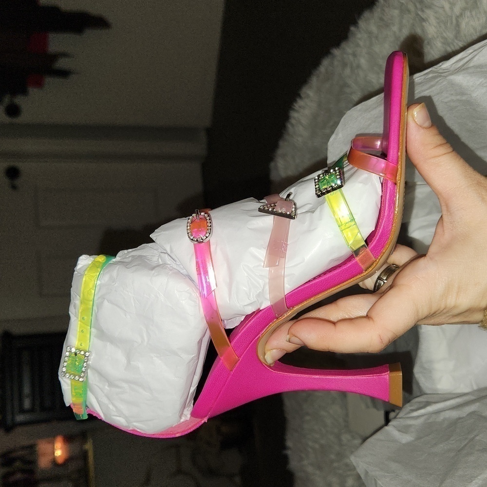 SCHUTZ Neon Pink Multicolor Strappy High Heel Sandal